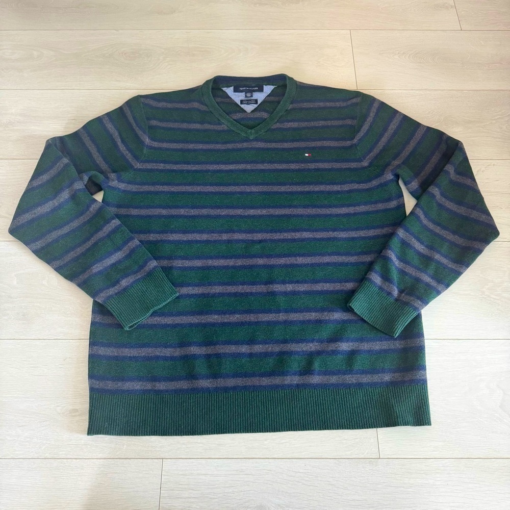 Tommy Hilfiger Sweater V Neck Stripped Knit Mens XXL Cotton Cashmere Blend